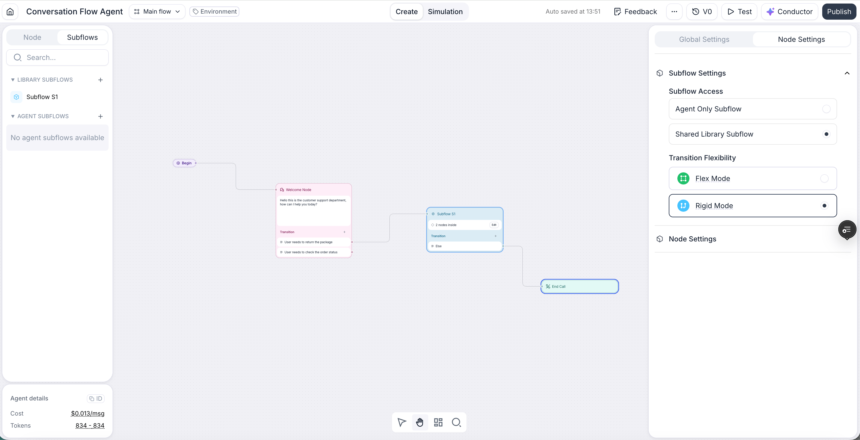 Main conversation flow canvas with a single subflow node whose outgoing edge connects to the next node.