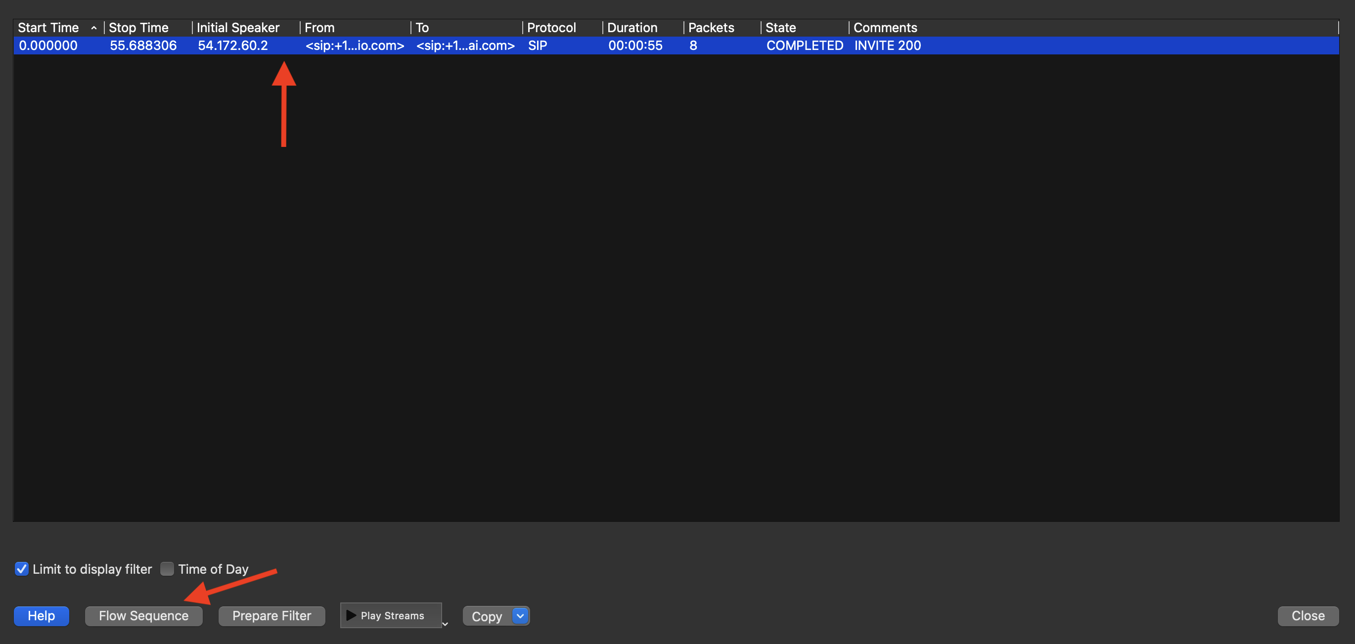 VoIP Calls popup with Flow Sequence button