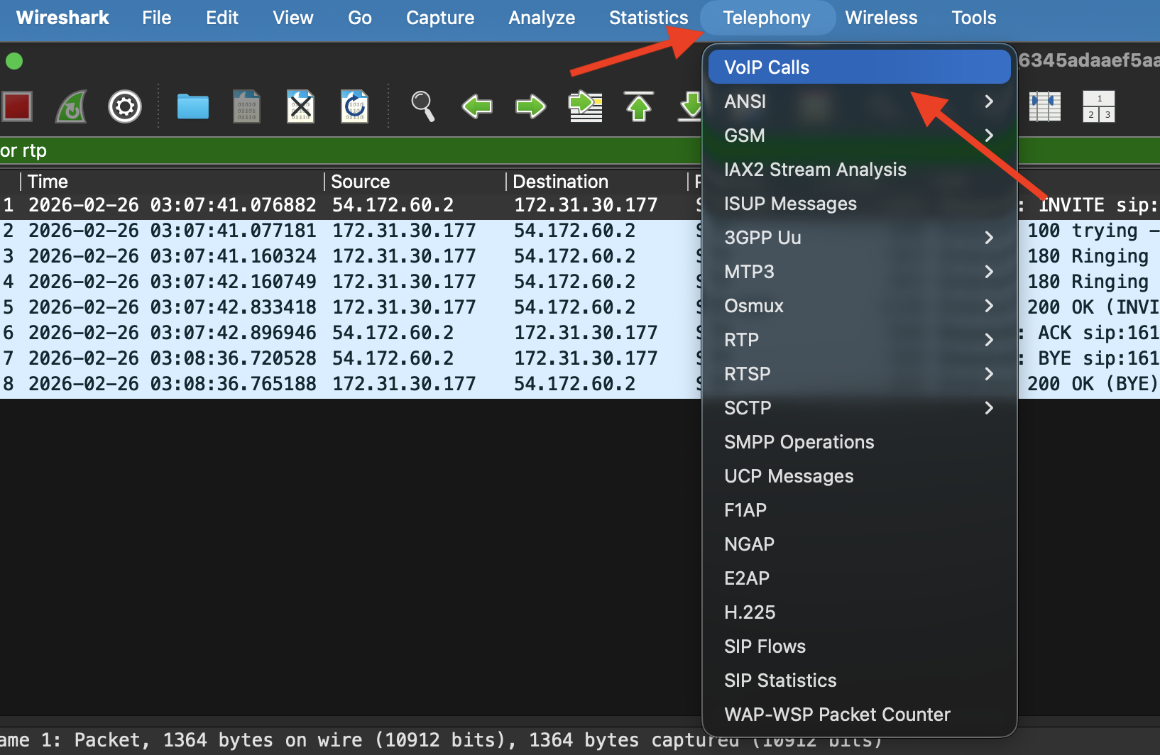 Wireshark Telephony menu with VoIP Calls option selected