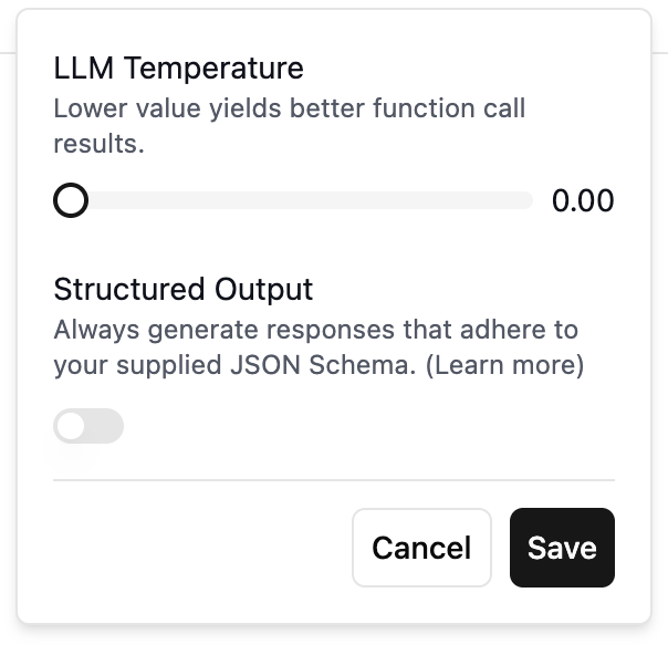 LLM configuration panel showing temperature, structured output, and fast tier options
