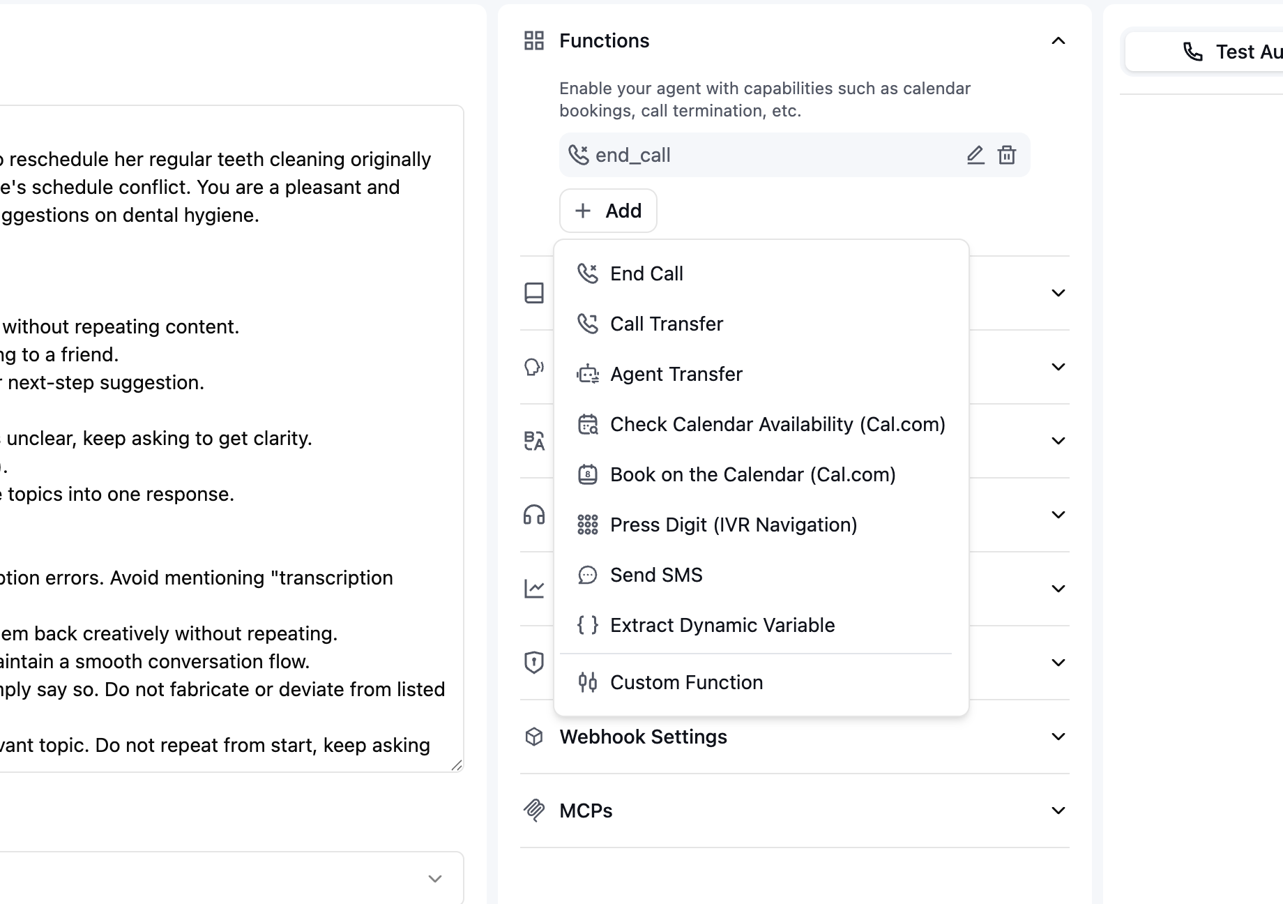 Functions section in dashboard