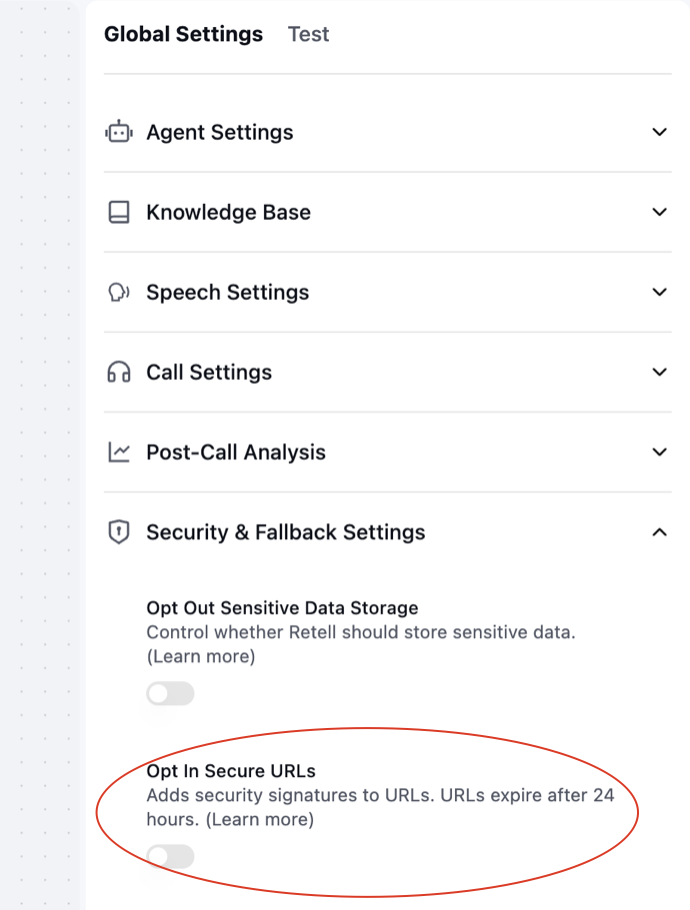 Privacy settings showing the Opt In Secure URL toggle