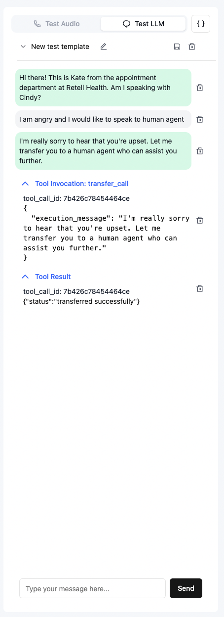 Screenshot of the function calling test
