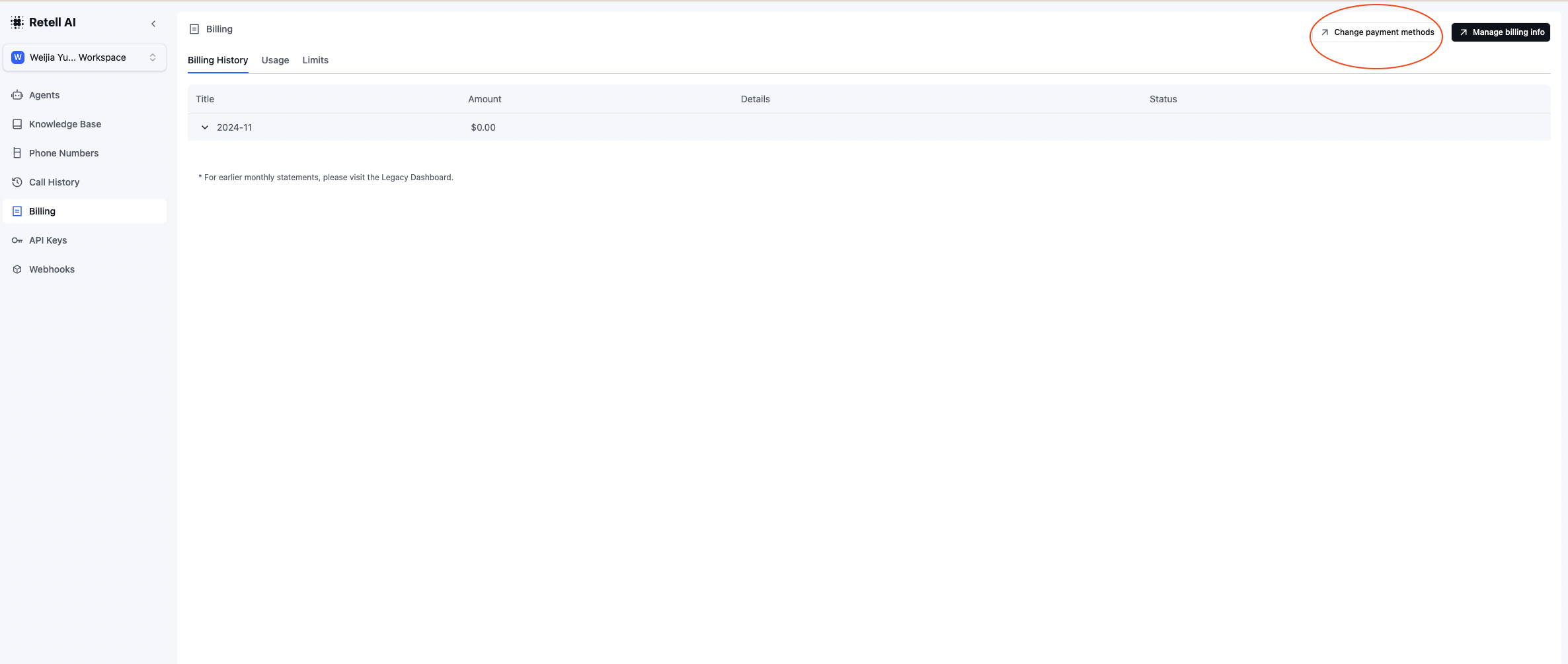 Billing tab showing payment methods section