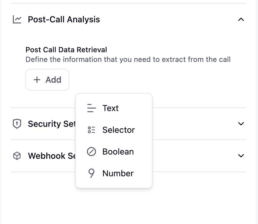 Post-call analysis dashboard showing various analytics categories and metrics