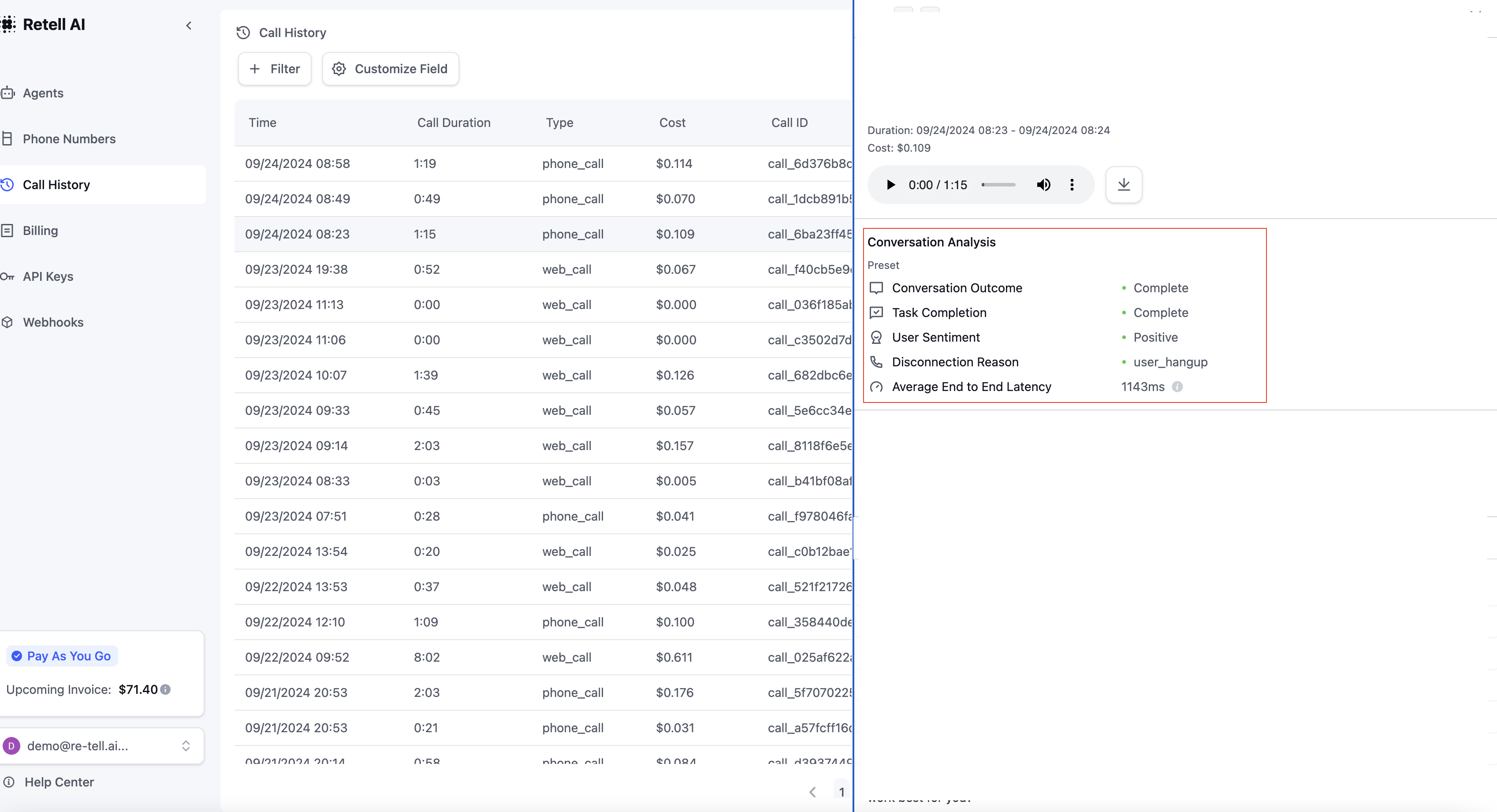 Post-call analysis history view