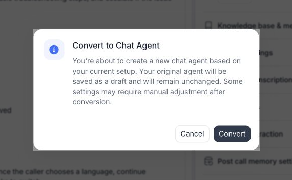 Convert to Chat Agent confirmation explaining that a new chat agent is created and the original remains unchanged, with Cancel and Convert buttons.