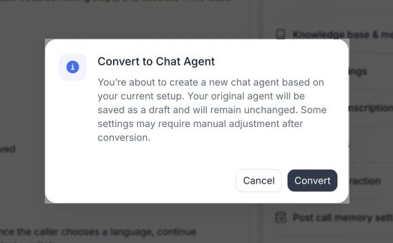 Convert to Chat Agent confirmation explaining that a new chat agent is created and the original remains unchanged, with Cancel and Convert buttons.