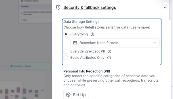 Data Storage Settings with Everything selected, Retention set to Keep forever, and Everything except PII and Basic Attributes Only alternatives.