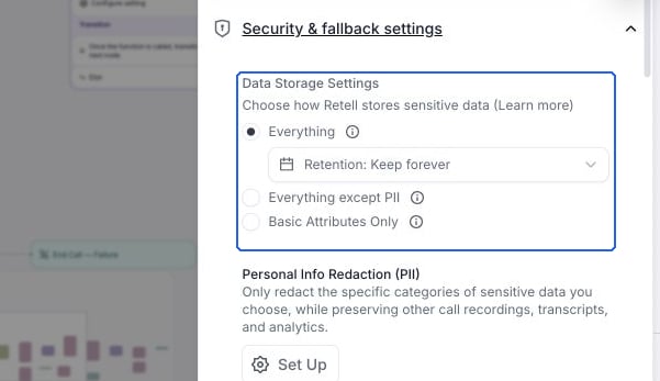 Data Storage Settings with Everything selected, Retention set to Keep forever, and Everything except PII and Basic Attributes Only alternatives.