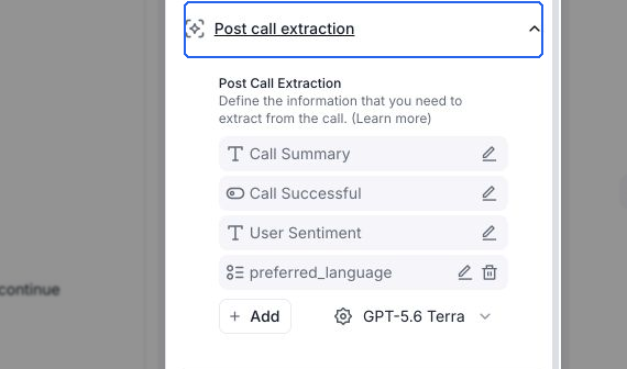 Post call extraction expanded with Call Summary, Call Successful, User Sentiment, a preferred_language field, and an Add button.