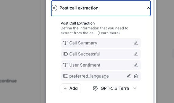 Post call extraction expanded with Call Summary, Call Successful, User Sentiment, a preferred_language field, and an Add button.