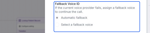 Fallback Voice ID with Automatic fallback selected and both radio options disabled for this agent voice.