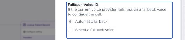 Fallback Voice ID with Automatic fallback selected and both radio options disabled for this agent voice.