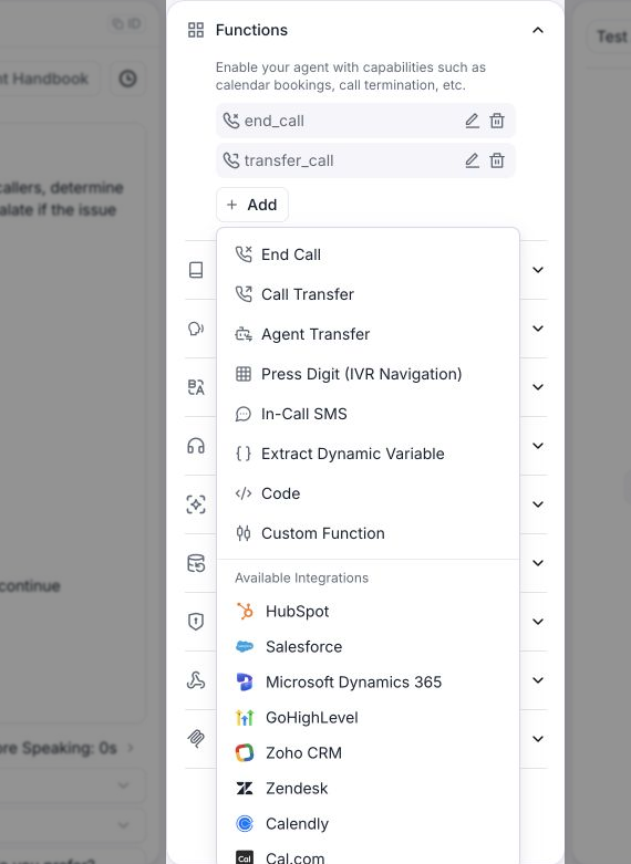 Functions menu with End Call, Call Transfer, Agent Transfer, Press Digit, In-Call SMS, Extract Dynamic Variable, Code, Custom Function, and available integrations.