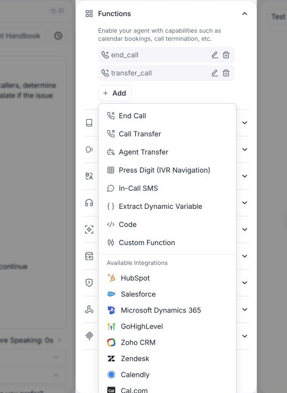 Functions menu with End Call, Call Transfer, Agent Transfer, Press Digit, In-Call SMS, Extract Dynamic Variable, Code, Custom Function, and available integrations.