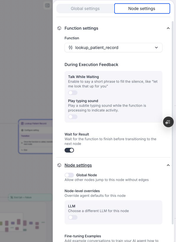 Function node with Function settings and Node settings expanded. Wait for Result is on; Talk While Waiting, Play typing sound, Global Node, and the LLM override are off.