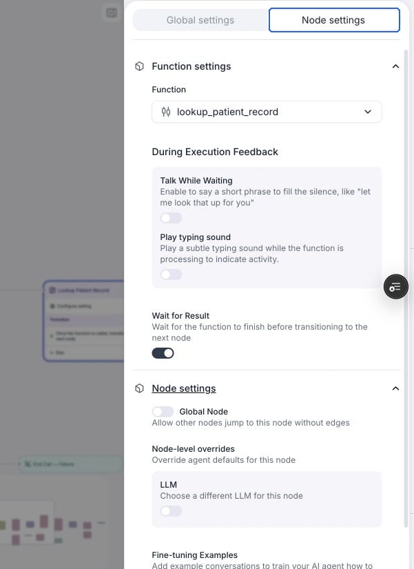Function node with Function settings and Node settings expanded. Wait for Result is on; Talk While Waiting, Play typing sound, Global Node, and the LLM override are off.