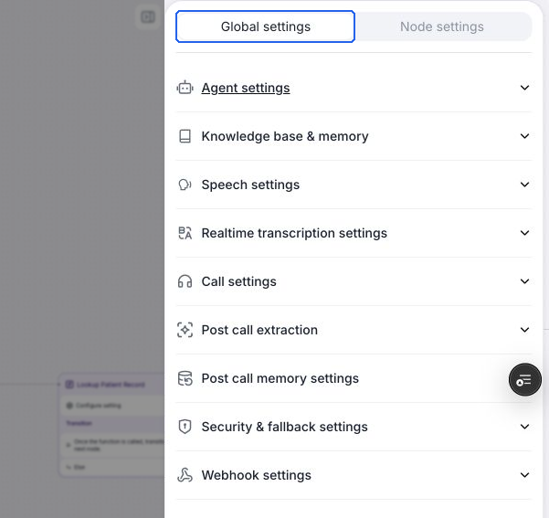 Conversation flow editor with Global settings selected and the Agent settings, Knowledge base & memory, Speech settings, Realtime transcription settings, Call settings, Post call extraction, Post call memory settings, Security & fallback settings, and Webhook settings sections collapsed.