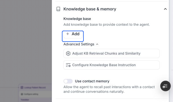 Knowledge base & memory with Add, retrieval settings, knowledge base instruction, and Use contact memory controls. No knowledge base is attached.