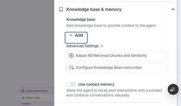 Knowledge base & memory with Add, retrieval settings, knowledge base instruction, and Use contact memory controls. No knowledge base is attached.