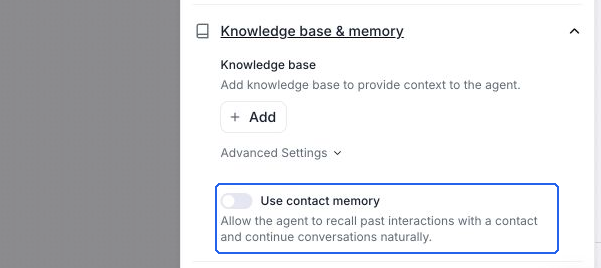 Knowledge base & memory expanded in Global settings. Use contact memory is off and its description explains recall across interactions.