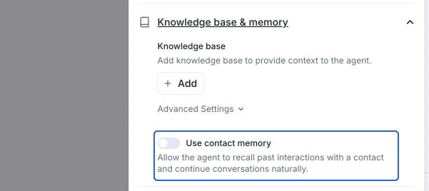 Knowledge base & memory expanded in Global settings. Use contact memory is off and its description explains recall across interactions.