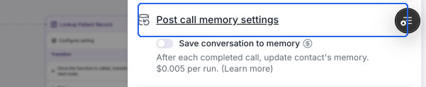 Post call memory settings expanded, with Save conversation to memory shown off. Enable it to reveal the workspace memory prompt.