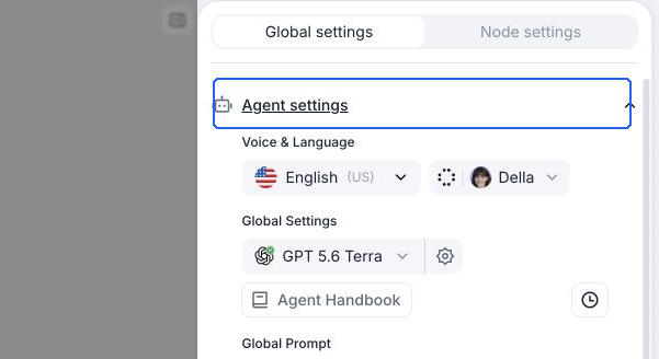 Agent settings expanded under Global settings, showing Voice & Language controls and the model, model settings, Agent Handbook, and timezone controls above the global prompt.