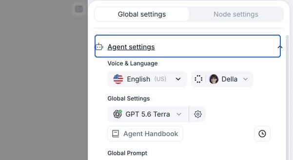 Agent settings expanded under Global settings, showing Voice & Language controls and the model, model settings, Agent Handbook, and timezone controls above the global prompt.