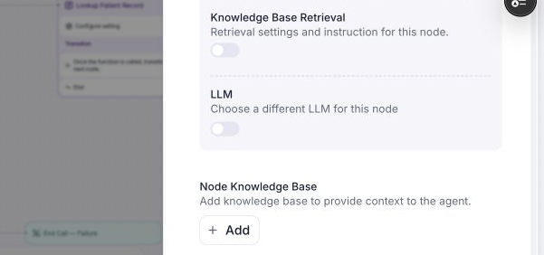 Node settings showing the Knowledge Base Retrieval override off and the separate Node Knowledge Base Add button.