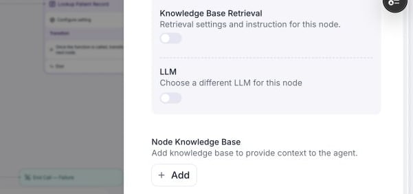 Node settings showing the Knowledge Base Retrieval override off and the separate Node Knowledge Base Add button.