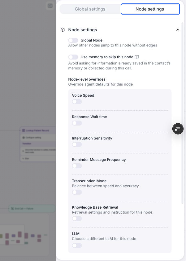Node settings tab with Global Node, memory skipping, and node-level overrides for voice, response timing, transcription, knowledge retrieval, and the model.
