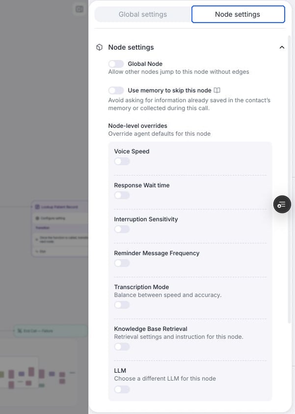 Conversation node settings with memory skipping and node-level overrides. The overrides are shown off.