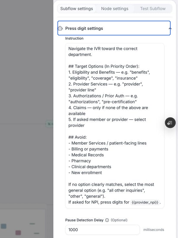 Press digit settings for an existing IVR navigation node, with instructions for choosing a department and Pause Detection Delay set to 1000 milliseconds.
