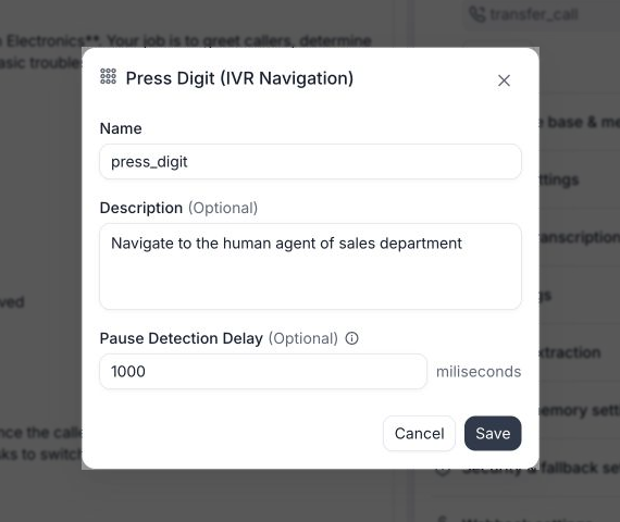Press Digit (IVR Navigation) dialog with Name, Description, Pause Detection Delay, Cancel, and Save controls.