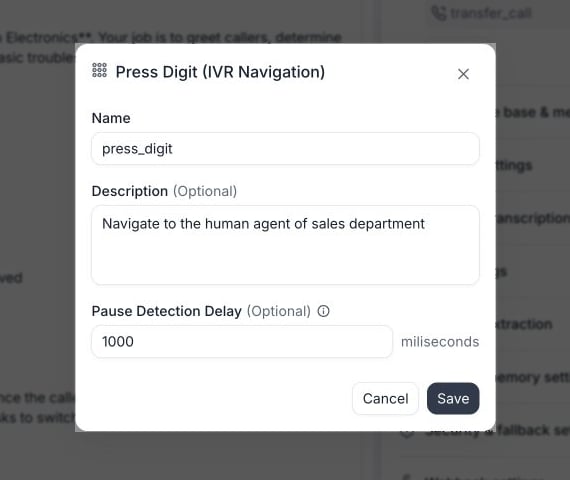 Press Digit (IVR Navigation) dialog with Name, Description, Pause Detection Delay, Cancel, and Save controls.