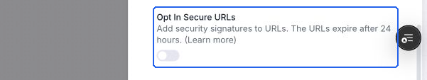 Opt In Secure URLs switch shown off in the security settings panel.