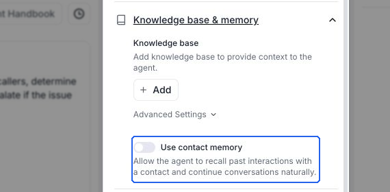 Single-prompt Knowledge base & memory section with Use contact memory off, the Add knowledge base button, and Advanced Settings.