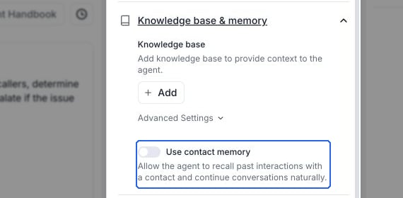 Single-prompt Knowledge base & memory section with Use contact memory off, the Add knowledge base button, and Advanced Settings.