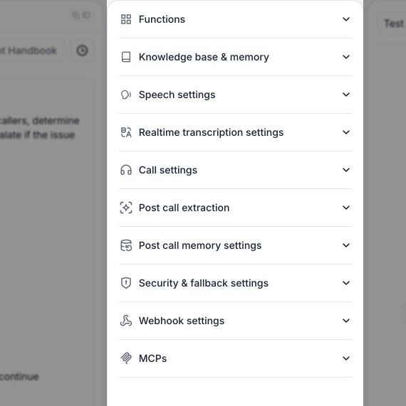 Single-prompt editor with the Functions, Knowledge base & memory, Speech settings, Realtime transcription settings, Call settings, Post call extraction, Post call memory settings, Security & fallback settings, Webhook settings, and MCPs sections.