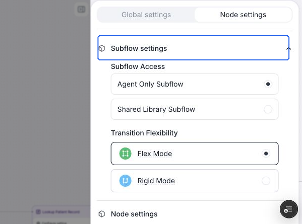 Subflow settings expanded for a selected subflow node, with Agent Only Subflow and Shared Library Subflow access options and transition flexibility controls.