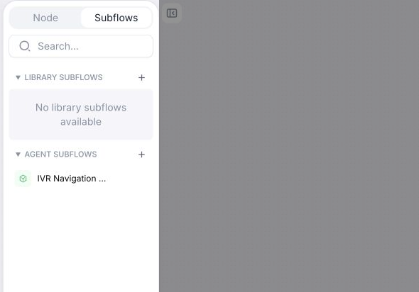 Subflows tab selected in the conversation flow sidebar, showing Library subflows and Agent subflows groups.