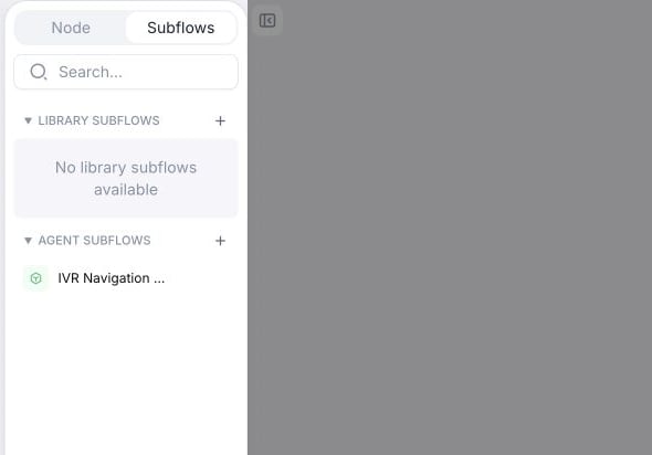 Subflows tab selected in the conversation flow sidebar, showing Library subflows and Agent subflows groups.