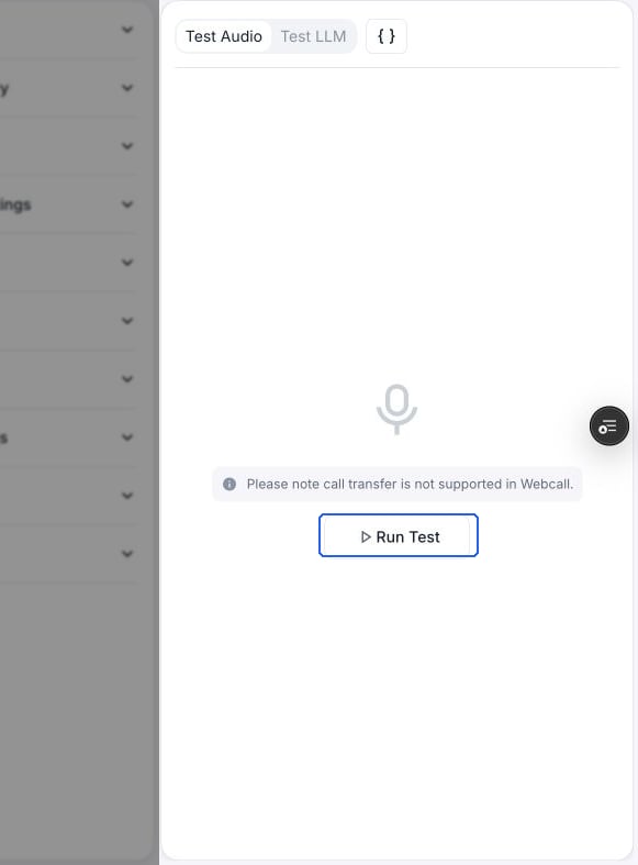 Test Audio panel with Run Test and a notice that call transfer is not supported in Webcall.