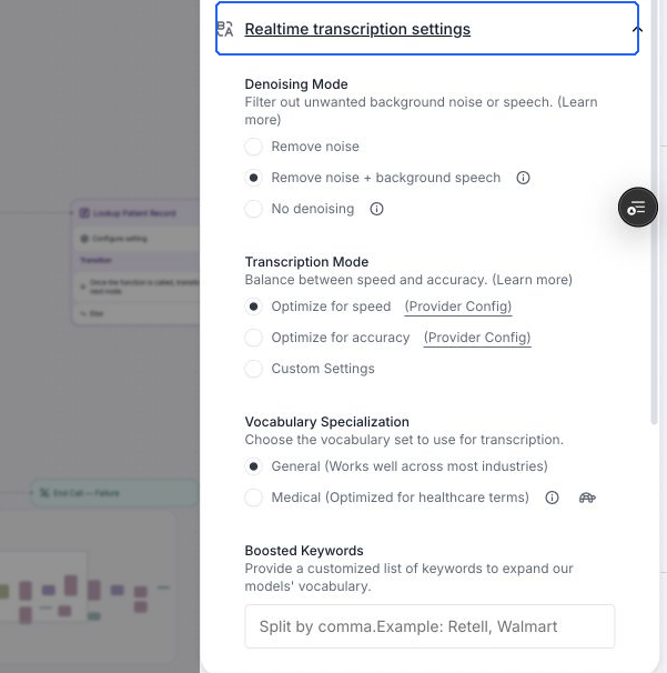 Realtime transcription settings showing denoising and transcription controls.