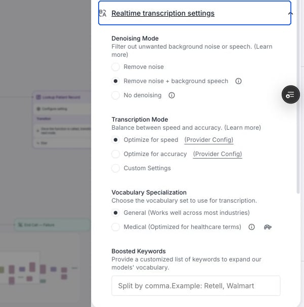 Realtime transcription settings showing denoising and transcription controls.