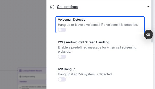Call settings with Voicemail Detection, IOS / Android Call Screen Handling, and IVR Hangup shown off.