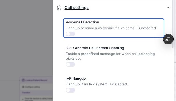 Call settings with Voicemail Detection, IOS / Android Call Screen Handling, and IVR Hangup shown off.