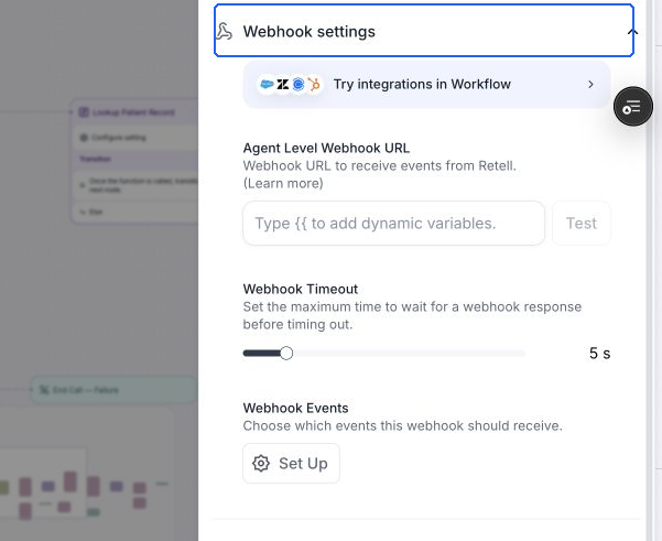 Webhook settings with the agent URL field, Test button, timeout, and event selection. The URL is not yet configured.